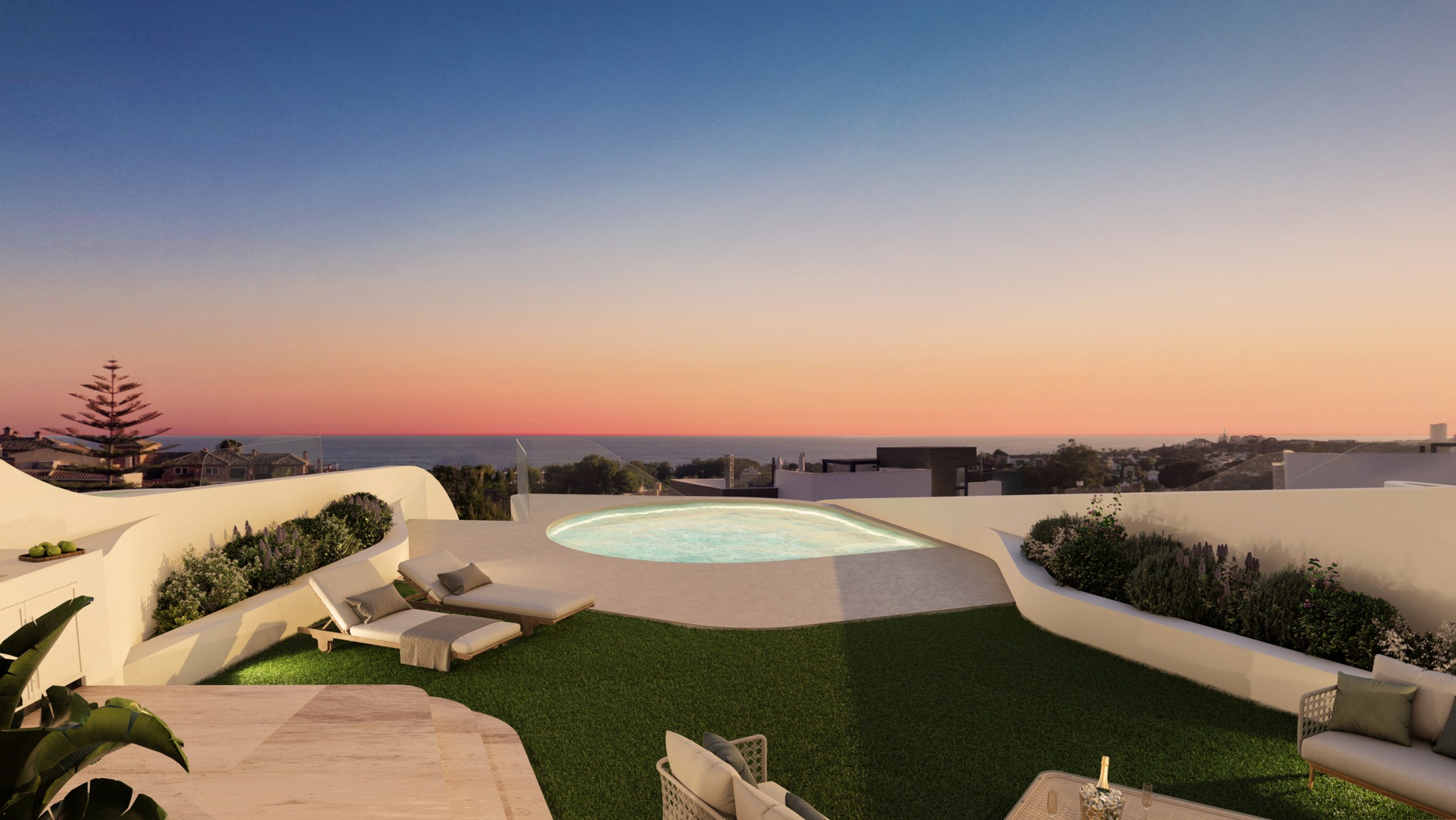 Illustrated private garden and swimming pool at dusk