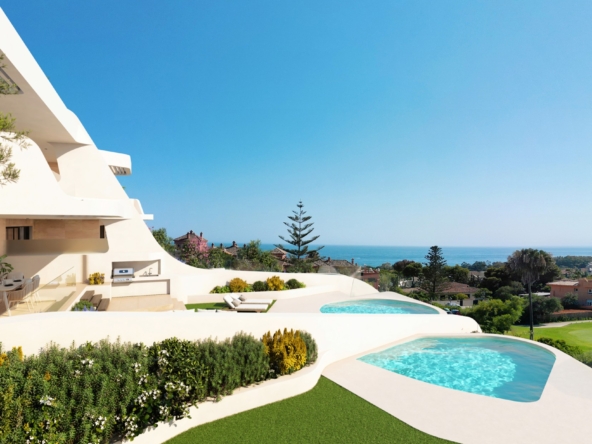 Illustration of private gardens and pools beside the apartments