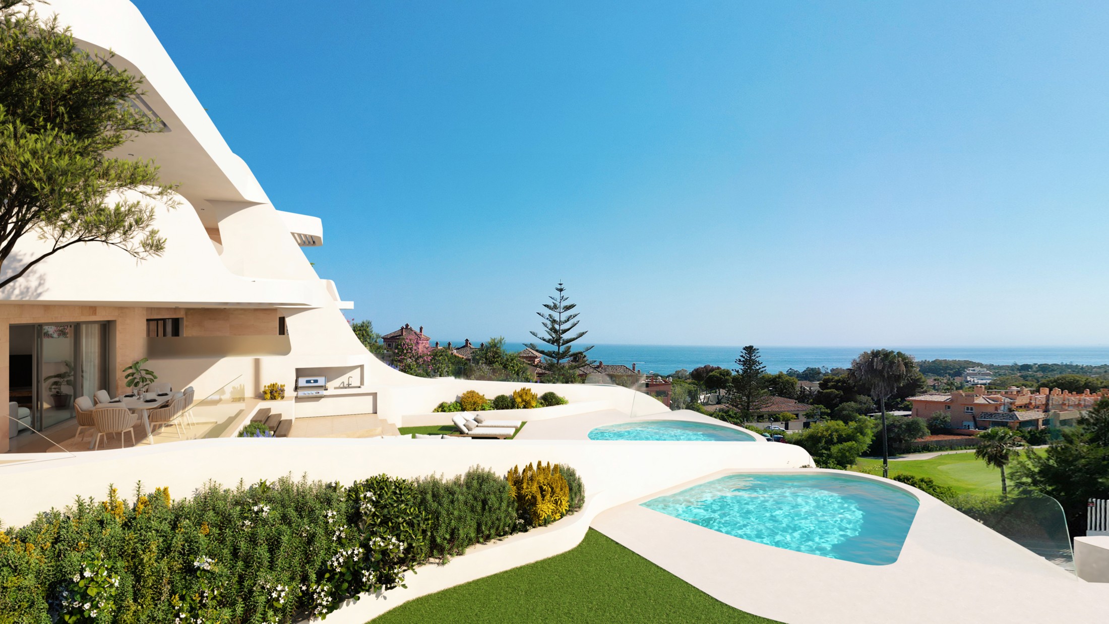 Illustration of private gardens and pools beside the apartments