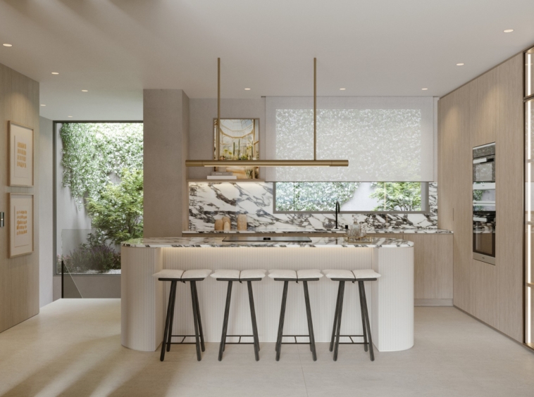 Illustrated fitted kitchen with an island and dining space
