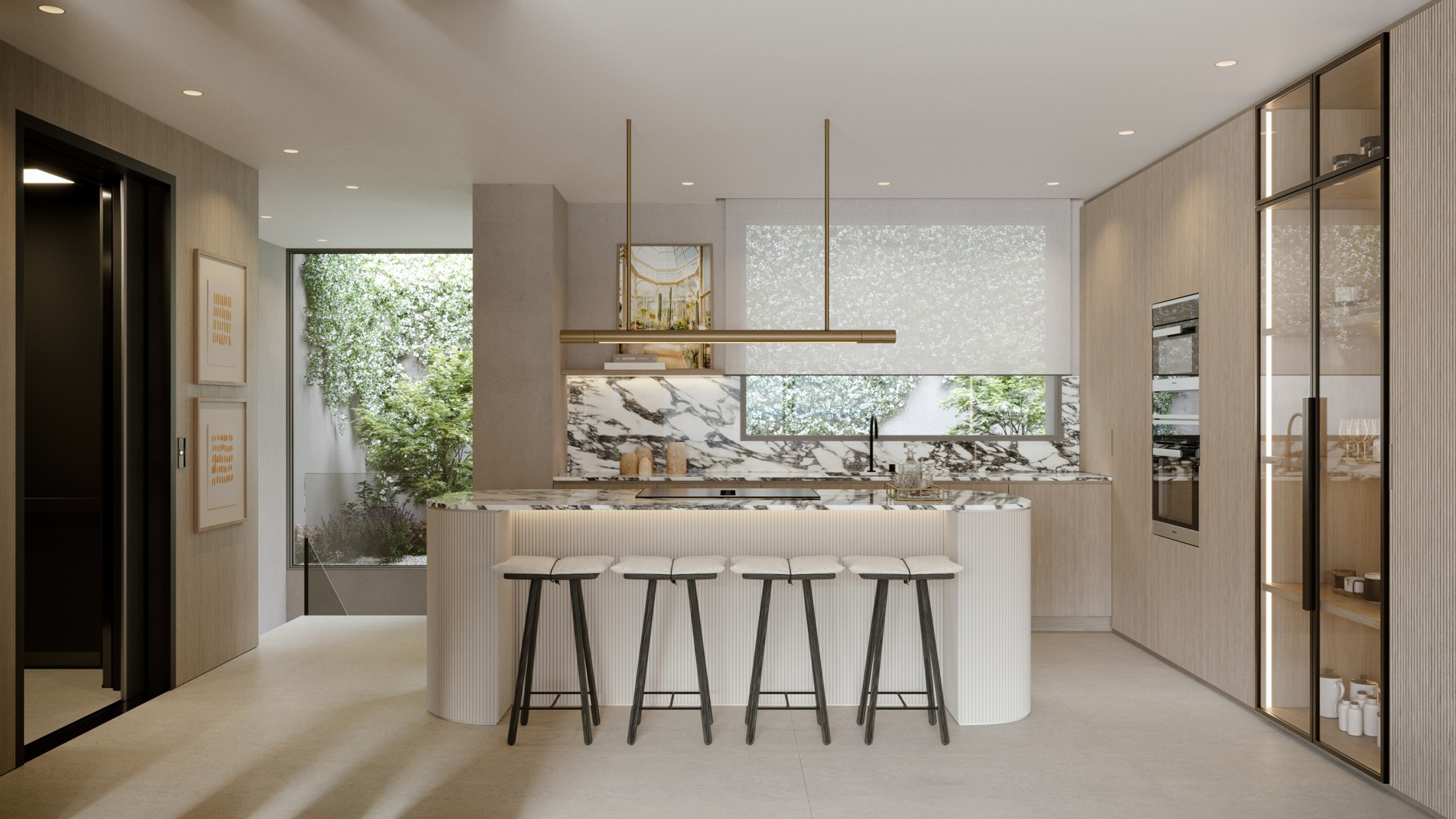 Illustrated fitted kitchen with an island and dining space