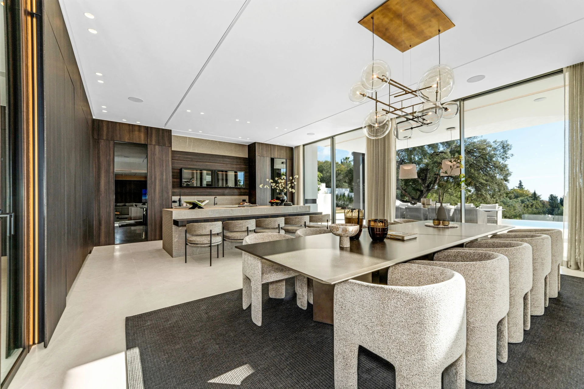 Dining room with garden views and a long dining table