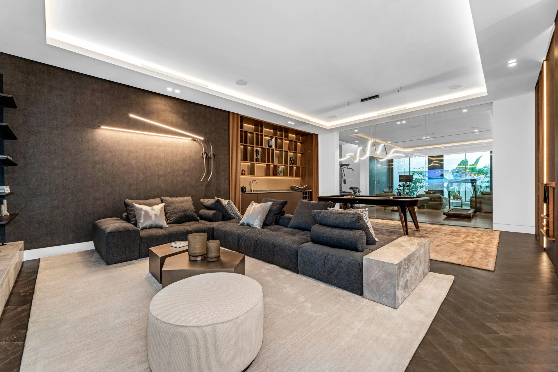 Lower-level lounge and entertainment area
