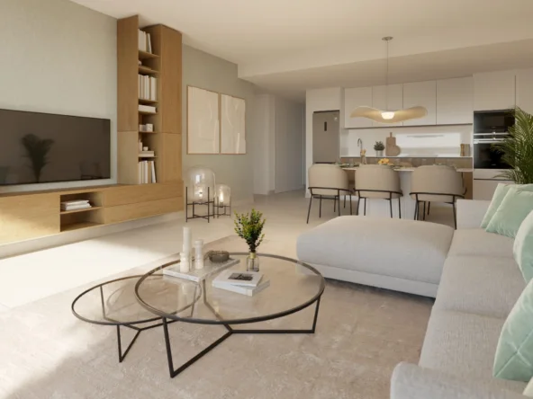 Illustrative open living room and kitchen in Cancelada