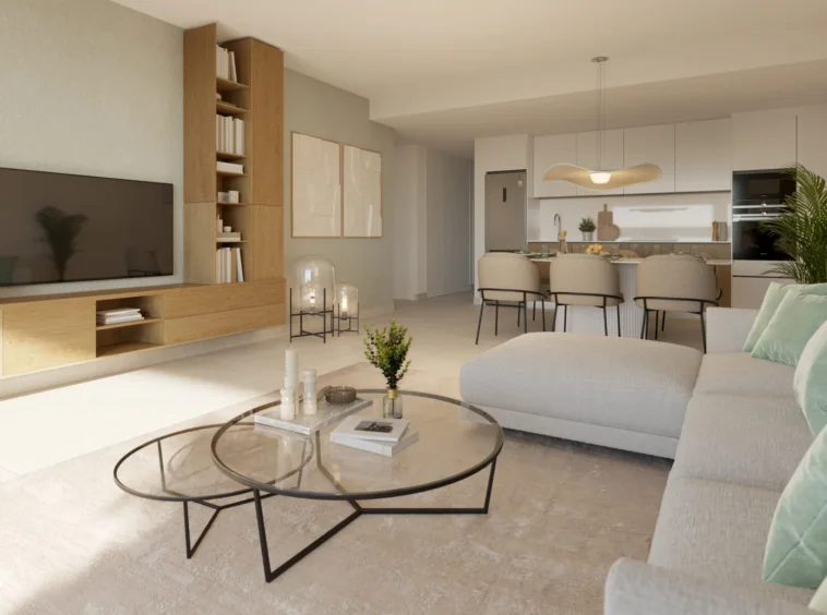 Illustrative open living room and kitchen in Cancelada