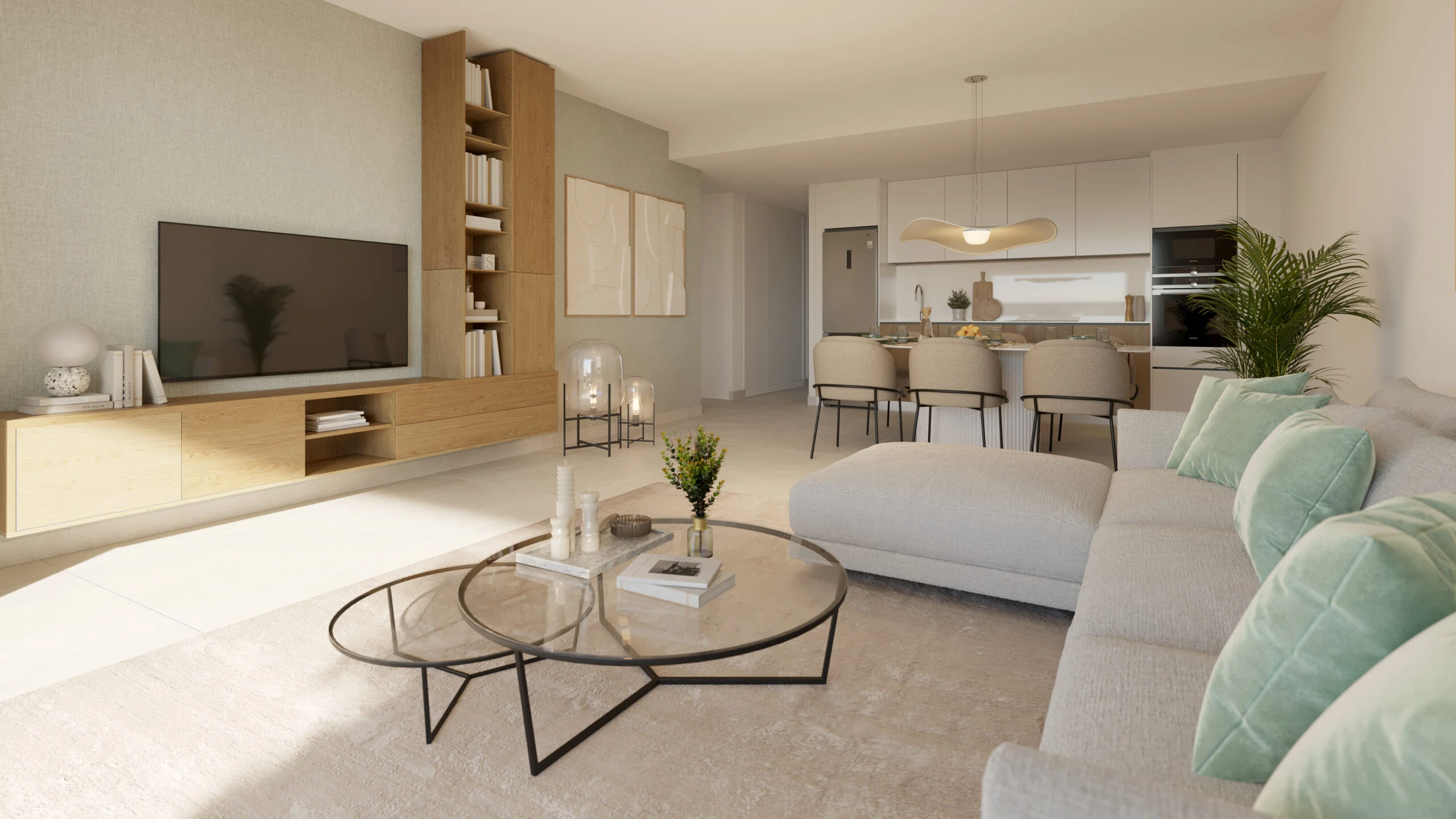Illustrative open living room and kitchen in Cancelada
