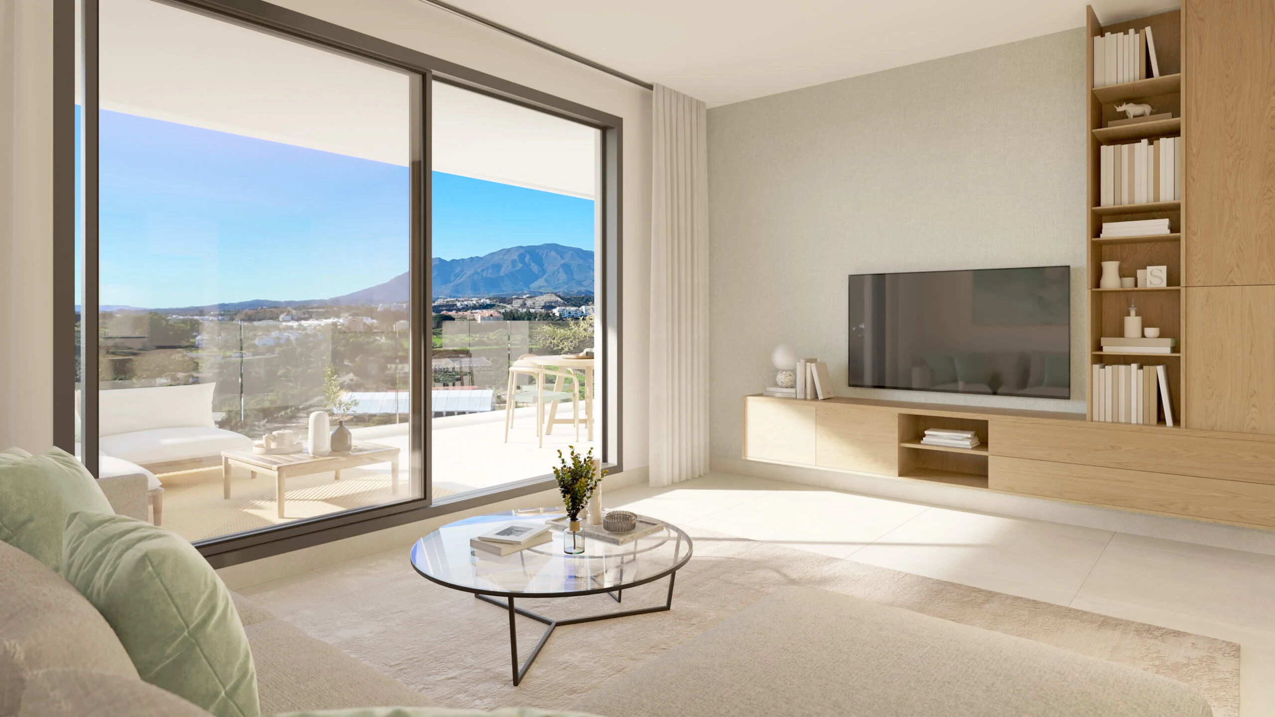 Illustrative living room opening to a terrace