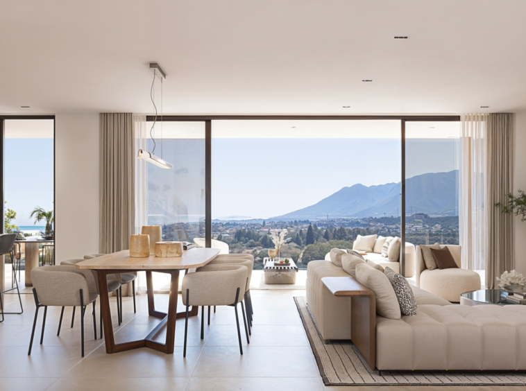Illustrated open-plan apartment living room and kitchen