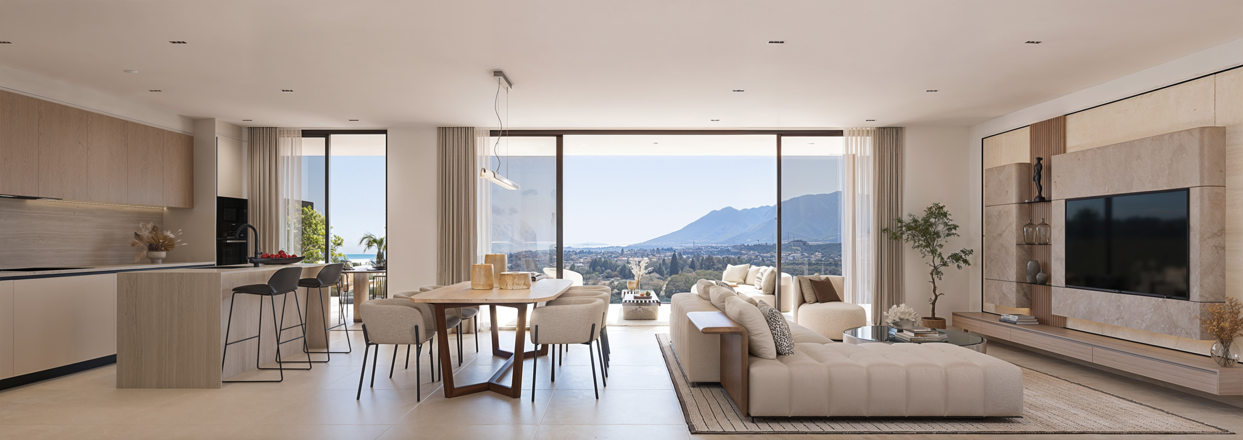 Illustrated open-plan apartment living room and kitchen
