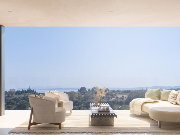 Illustrated penthouse terrace with outdoor seating
