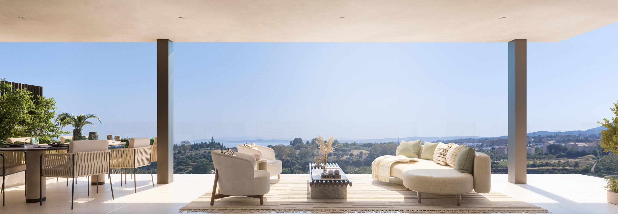Illustrated penthouse terrace with outdoor seating