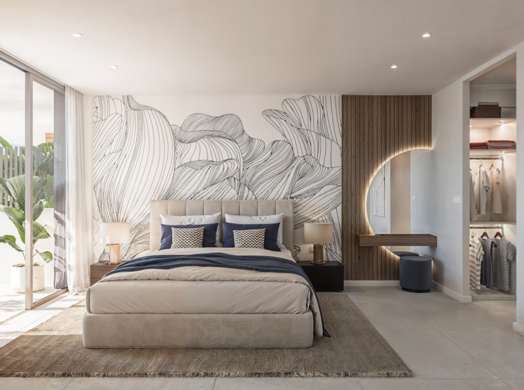 Illustrated townhouse bedroom with terrace access