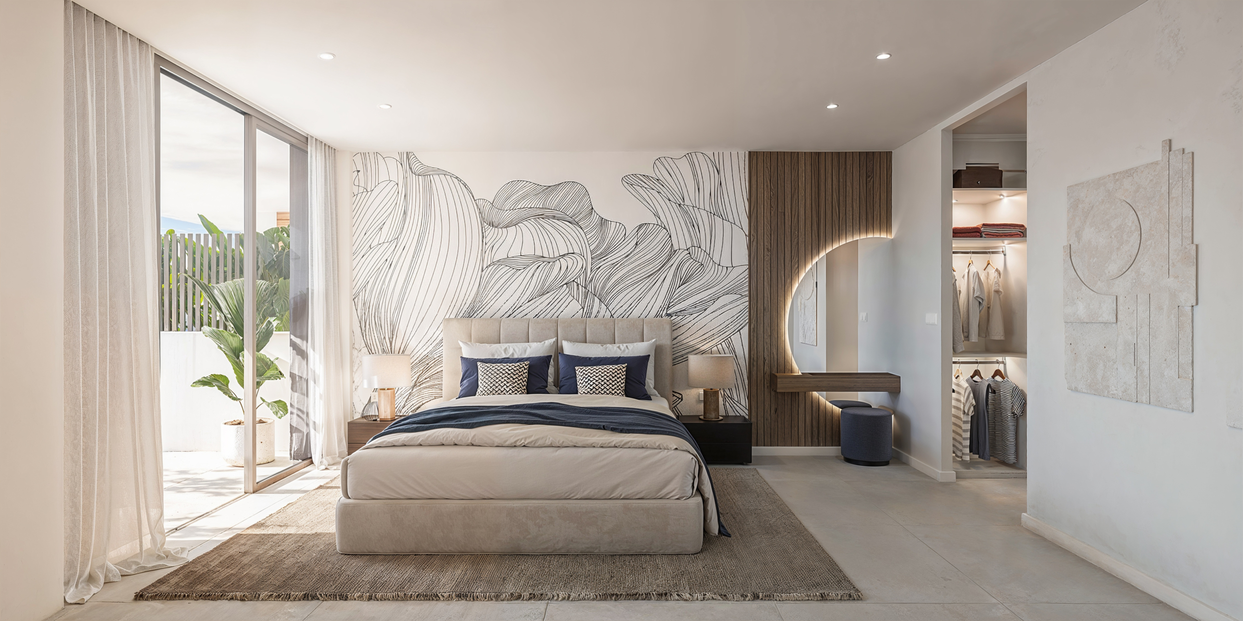 Illustrated townhouse bedroom with terrace access