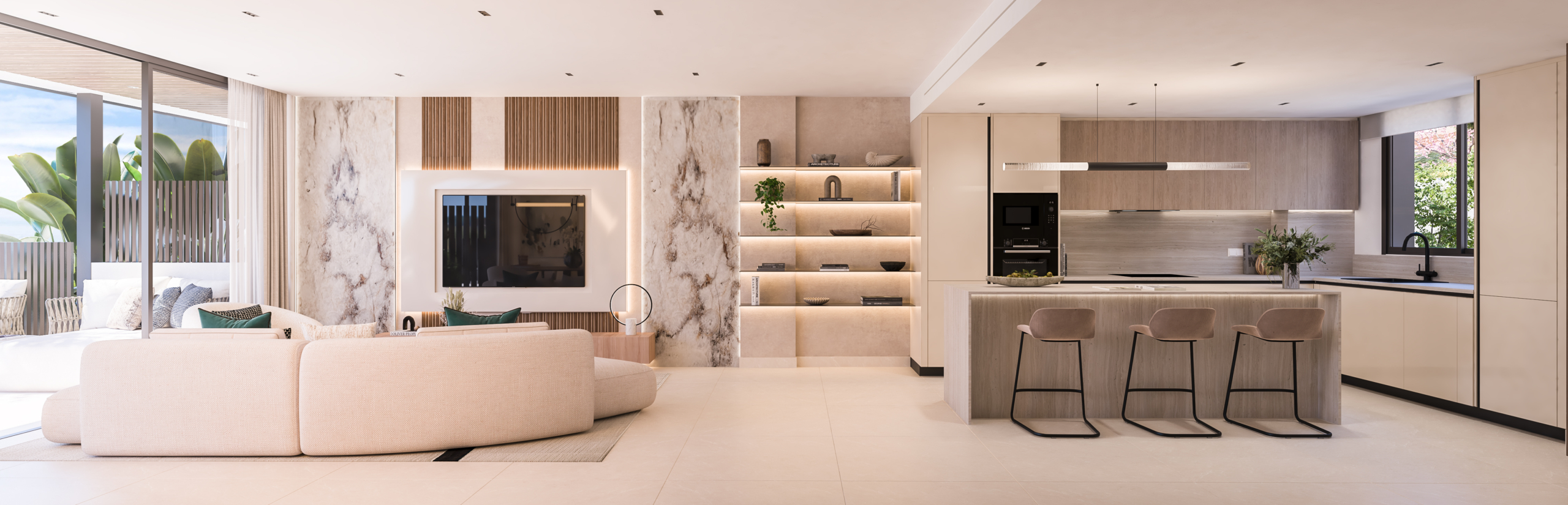 Representative townhouse living room and open kitchen