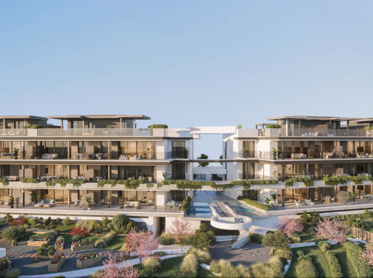 Architectural illustration of apartments and landscaped grounds in Cancelada