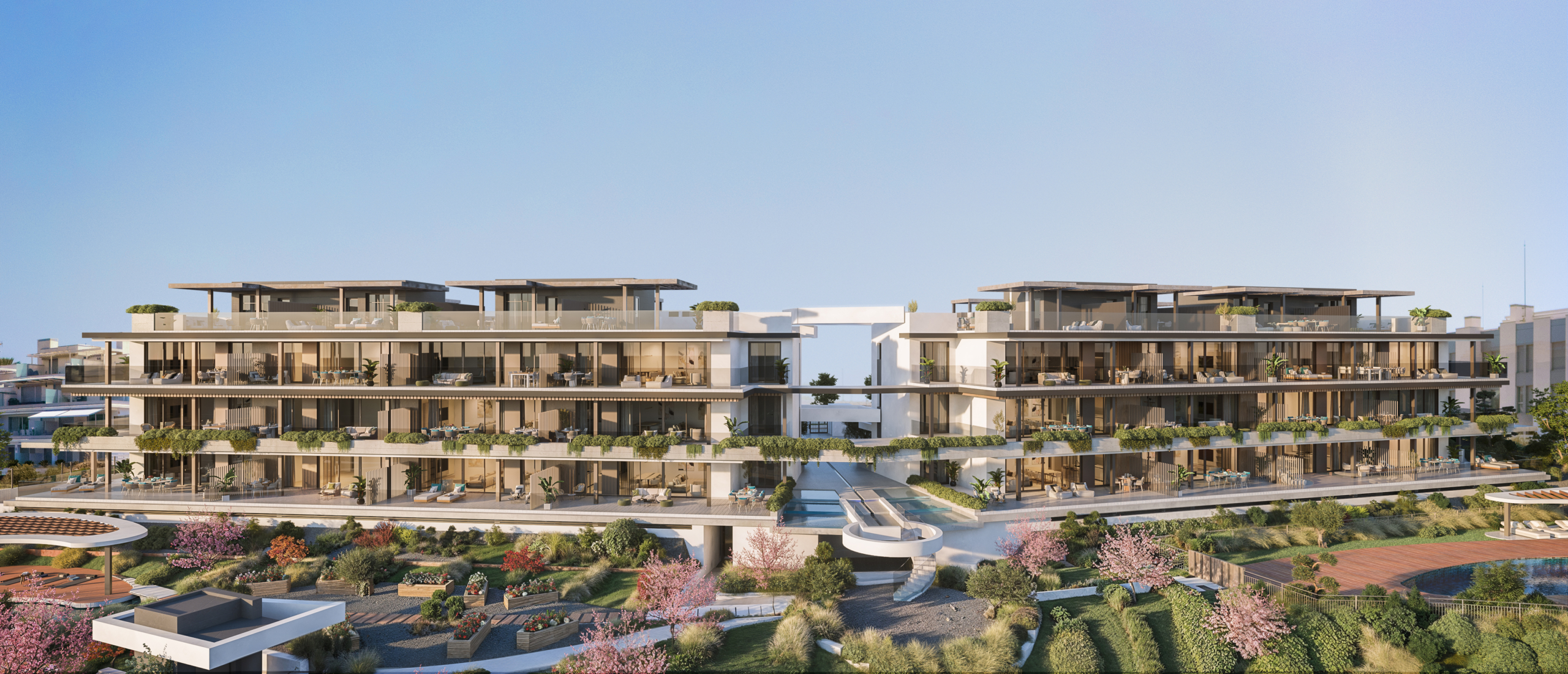 Architectural illustration of apartments and landscaped grounds in Cancelada