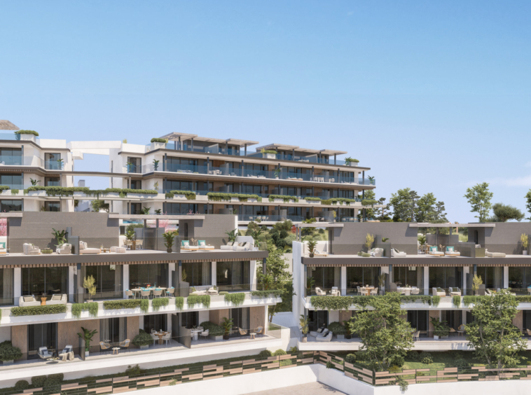 Architectural illustration of terraced homes and apartments