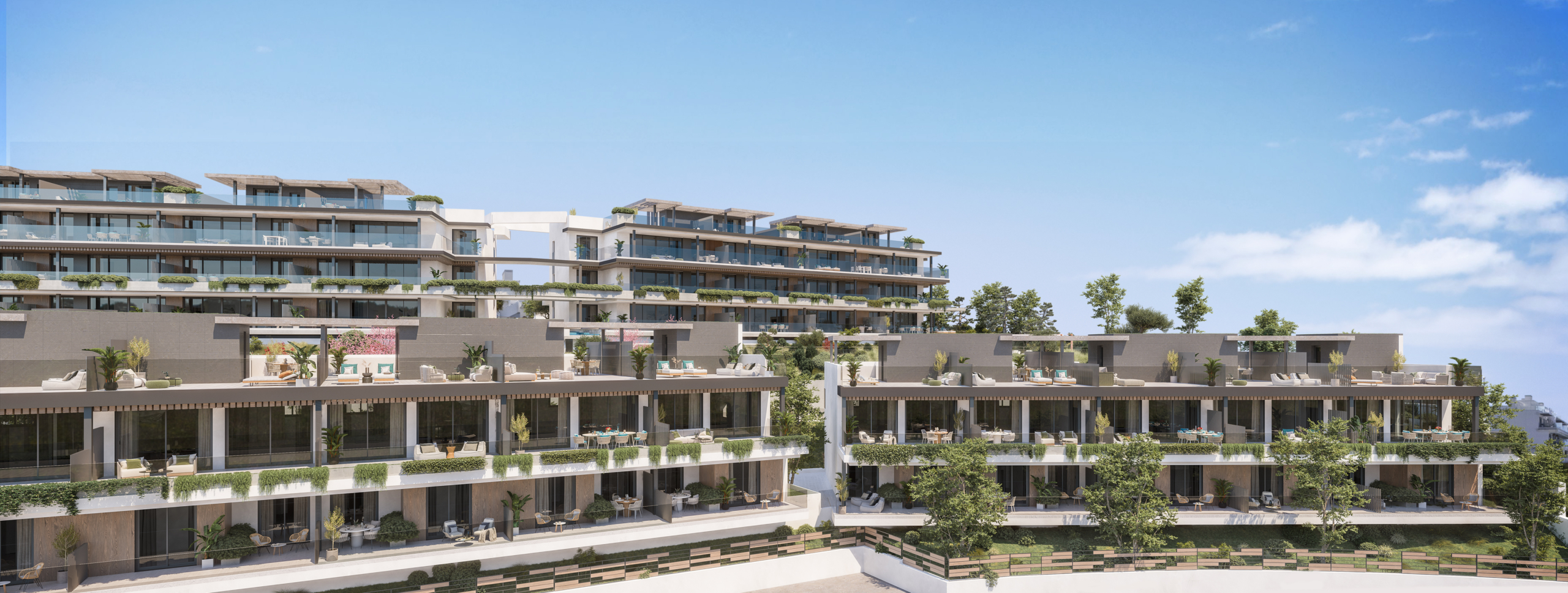 Architectural illustration of terraced homes and apartments