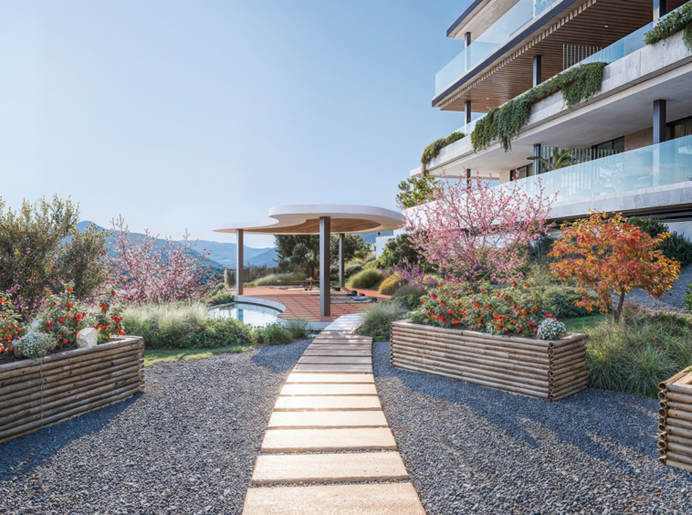 Shared landscaped walkway and relaxation areas