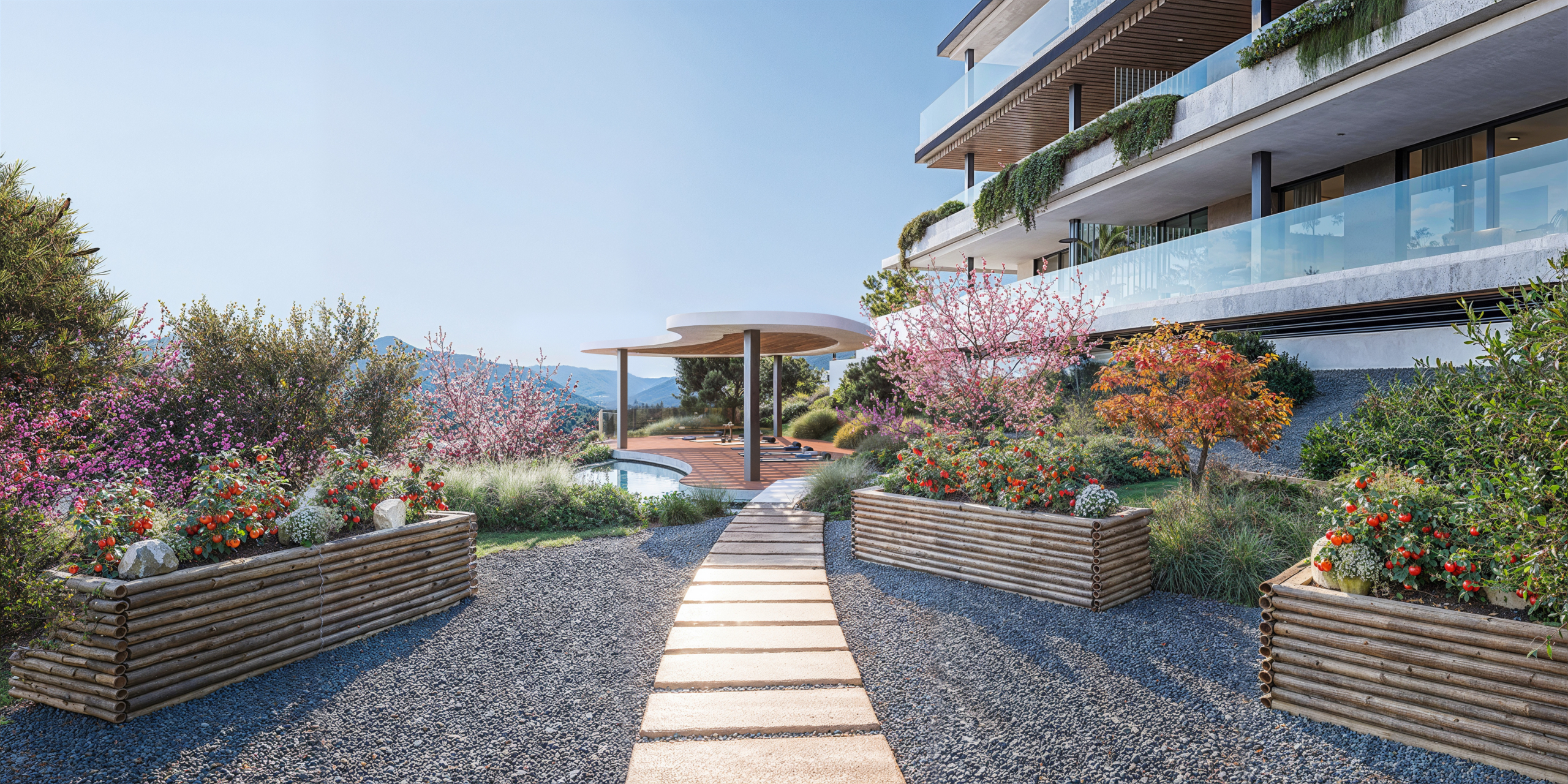 Shared landscaped walkway and relaxation areas