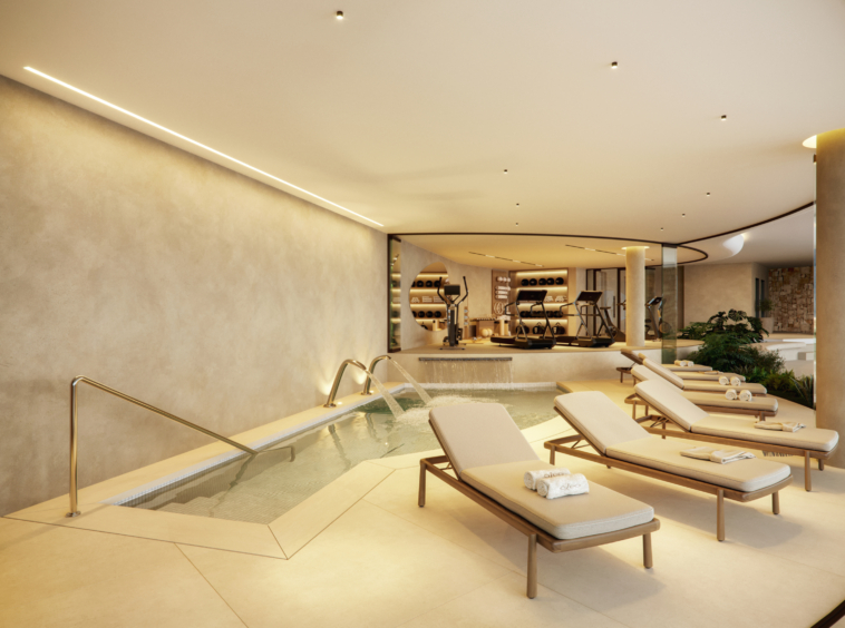 Architectural illustration of the communal indoor pool and spa