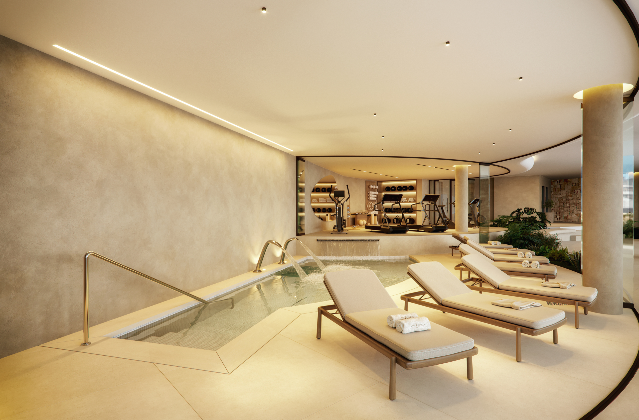Architectural illustration of the communal indoor pool and spa