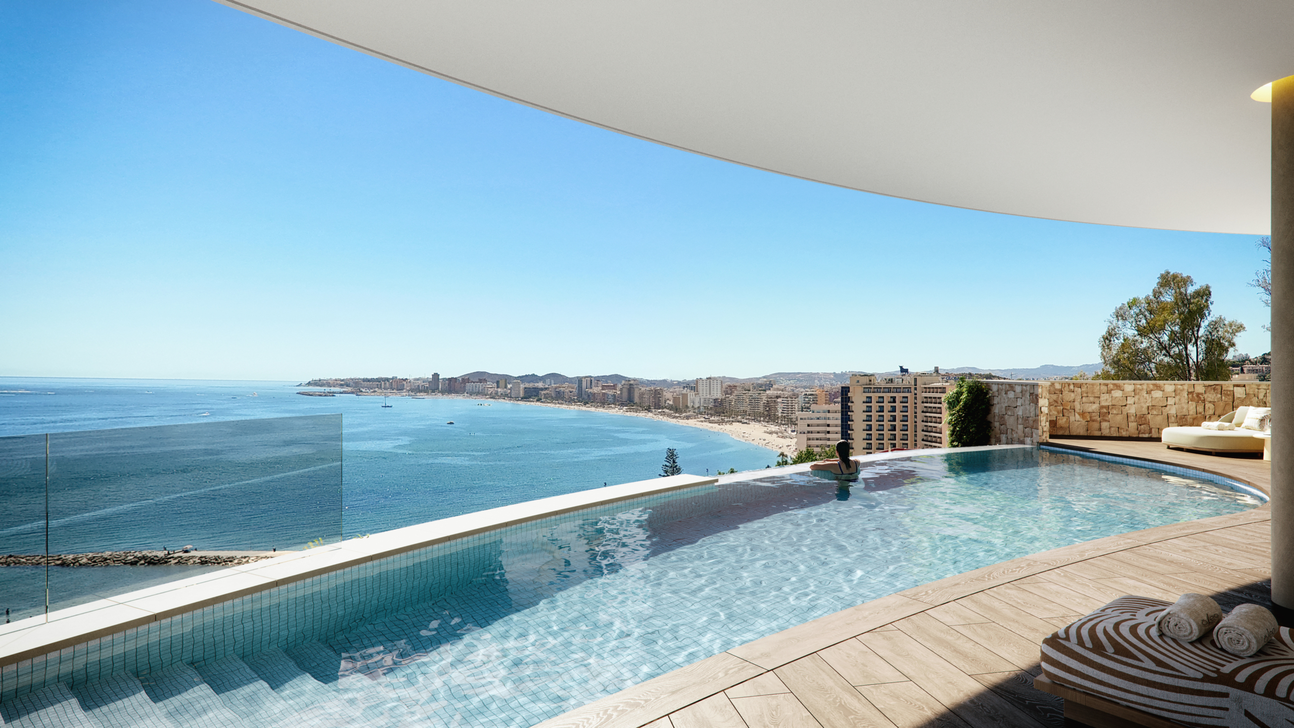 Illustrated communal infinity swimming pool