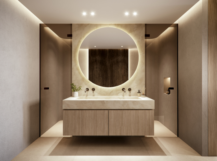 Representative contemporary bathroom with double vanity