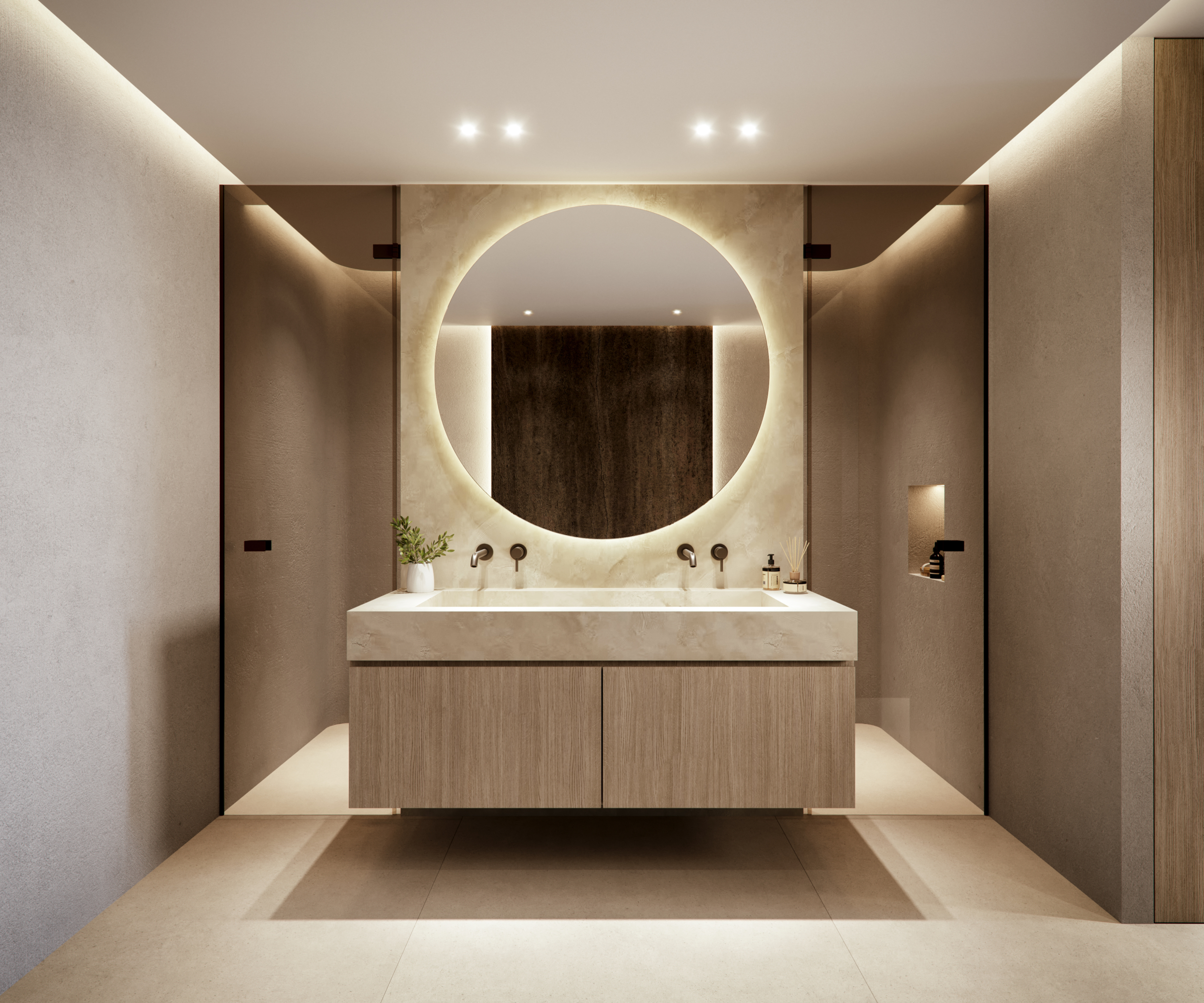 Representative contemporary bathroom with double vanity