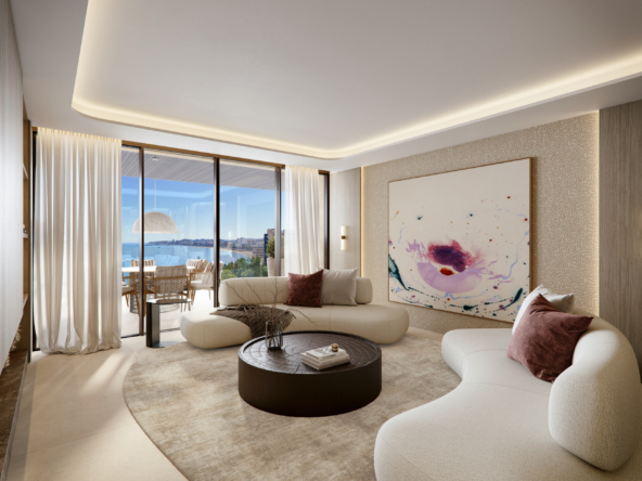 Illustrated open-plan living room