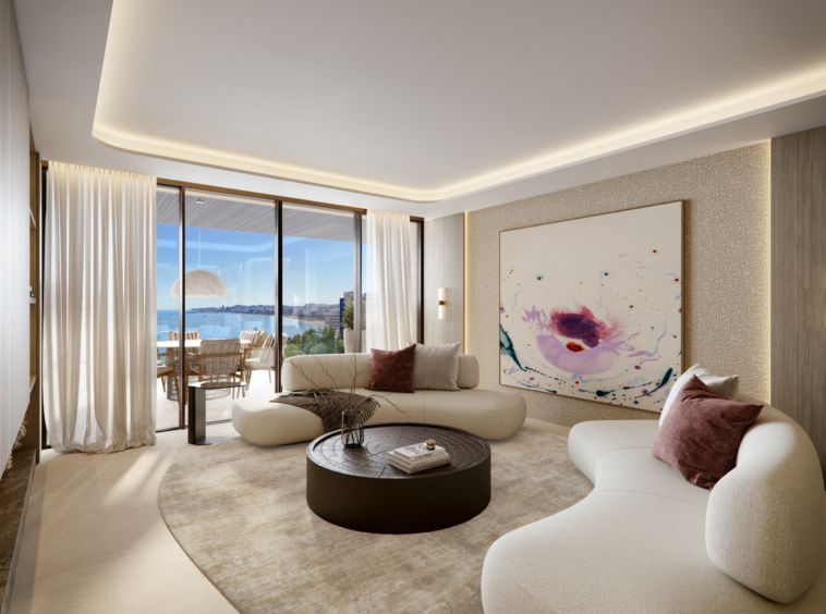 Illustrated open-plan living room