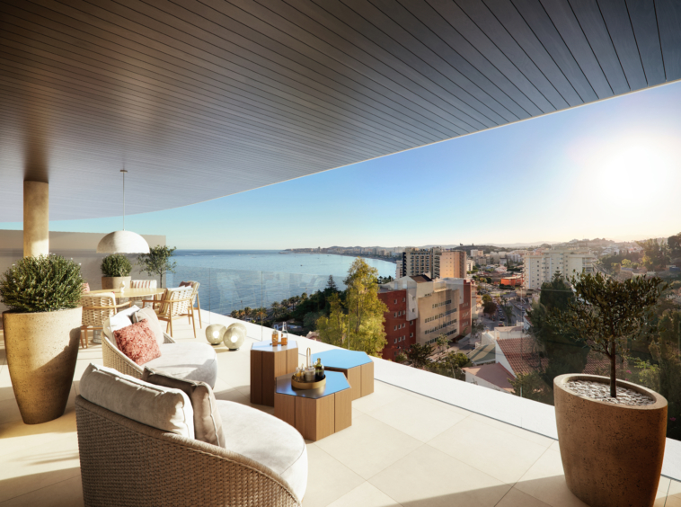 Illustrated covered terrace overlooking the coast