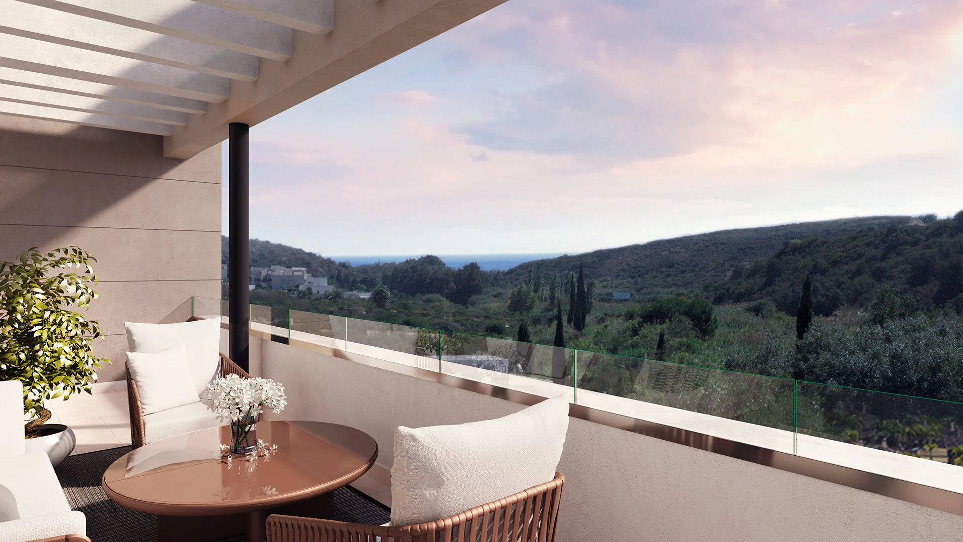 Illustrative covered terrace with outdoor seating in Casares Costa