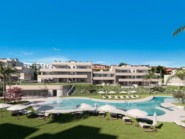 Illustrative communal swimming pool and landscaped gardens