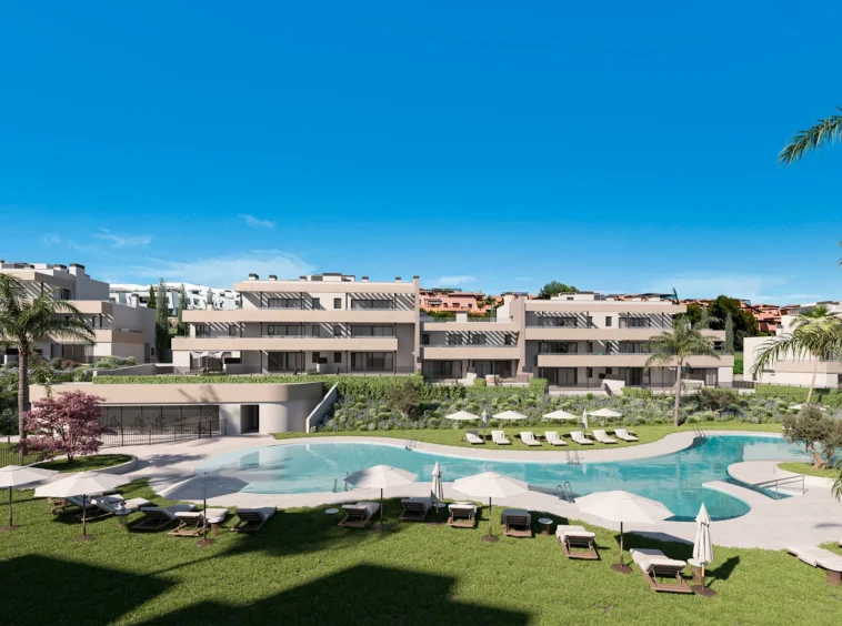 Illustrative communal swimming pool and landscaped gardens