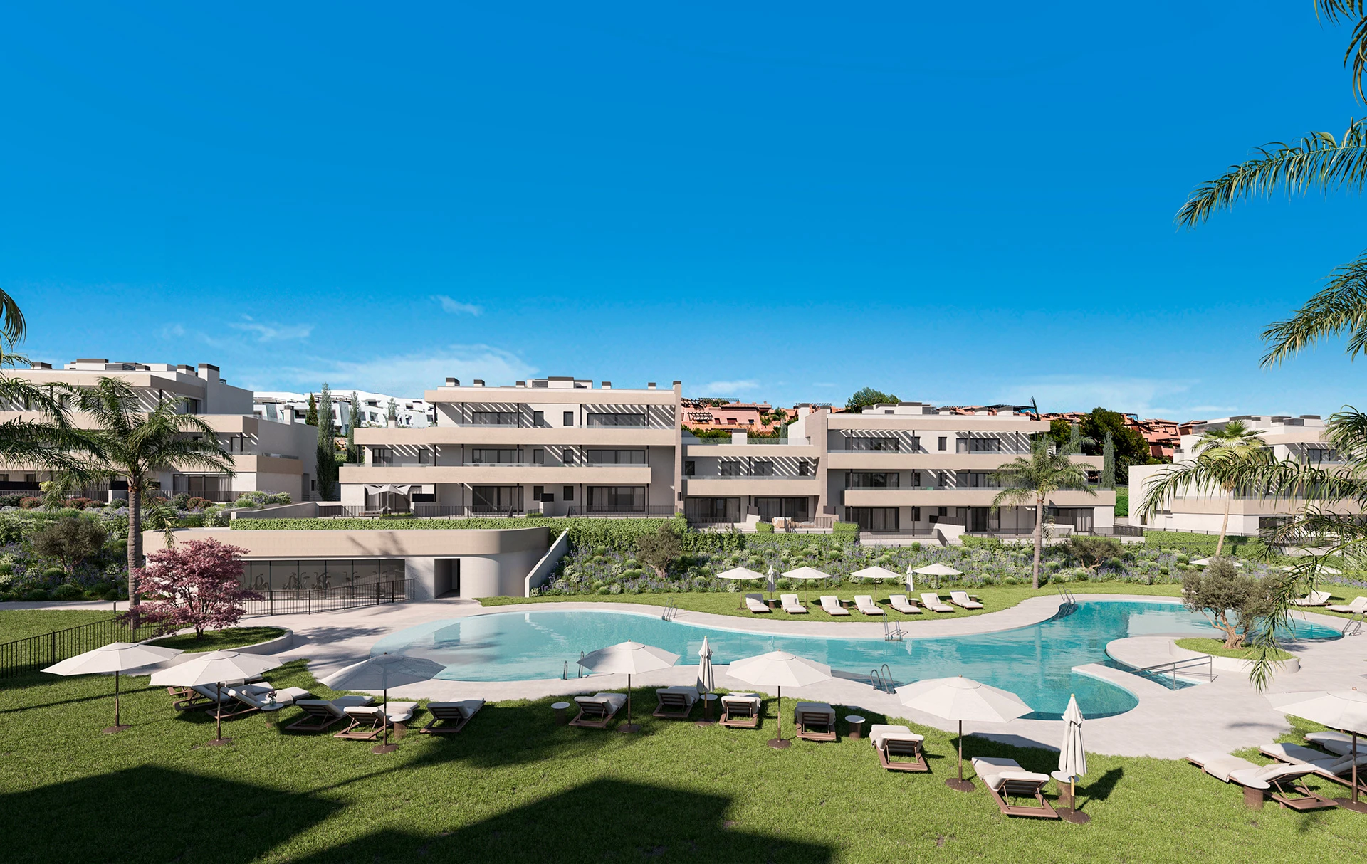 Illustrative communal swimming pool and landscaped gardens