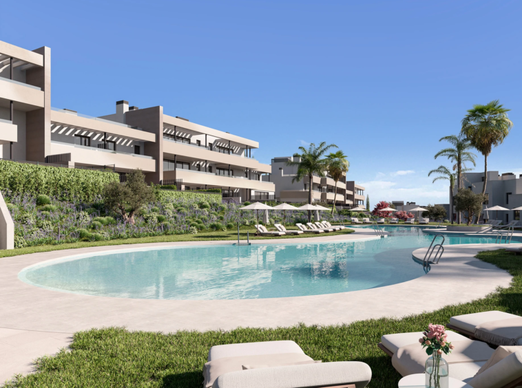 Illustrative shared pool surrounded by gardens