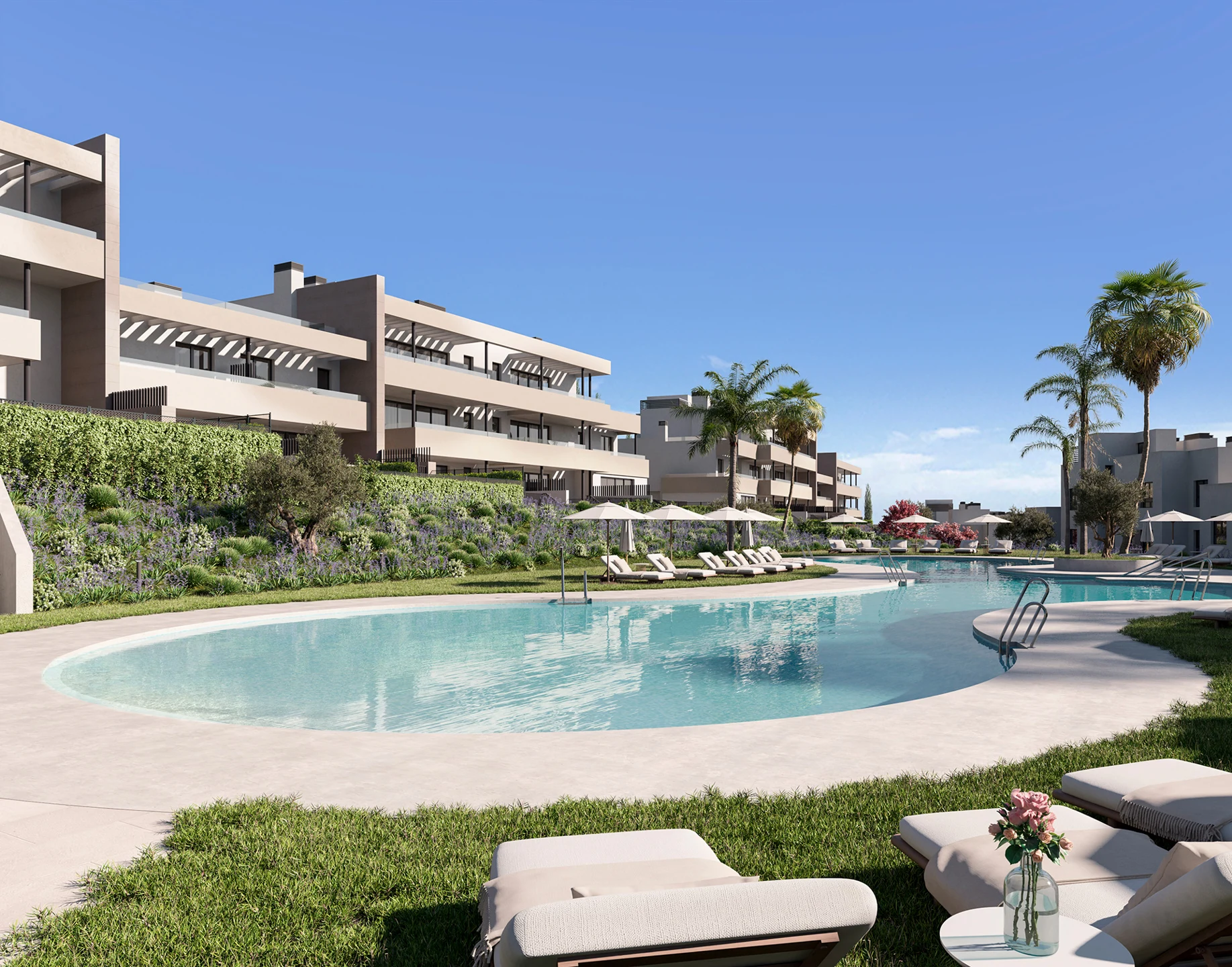 Illustrative shared pool surrounded by gardens