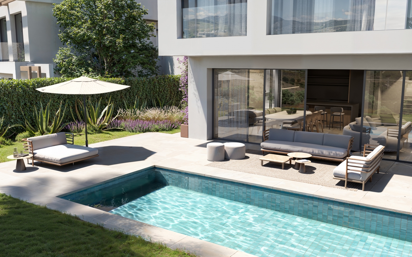 Illustrative garden terrace and private pool