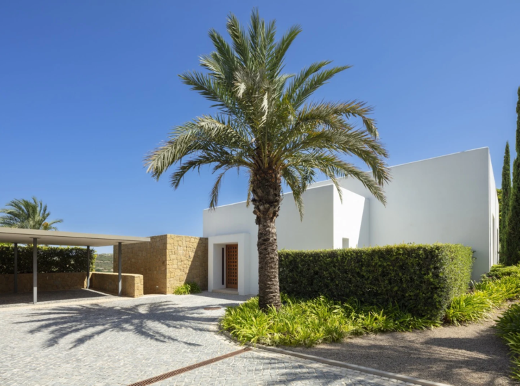 Private driveway and palm-lined entrance