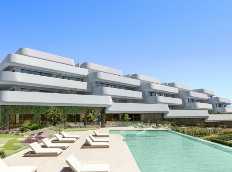 Illustrative shared pool and apartments in Casares Golf