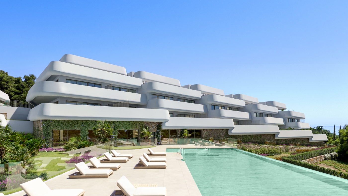 Illustrative shared pool and apartments in Casares Golf