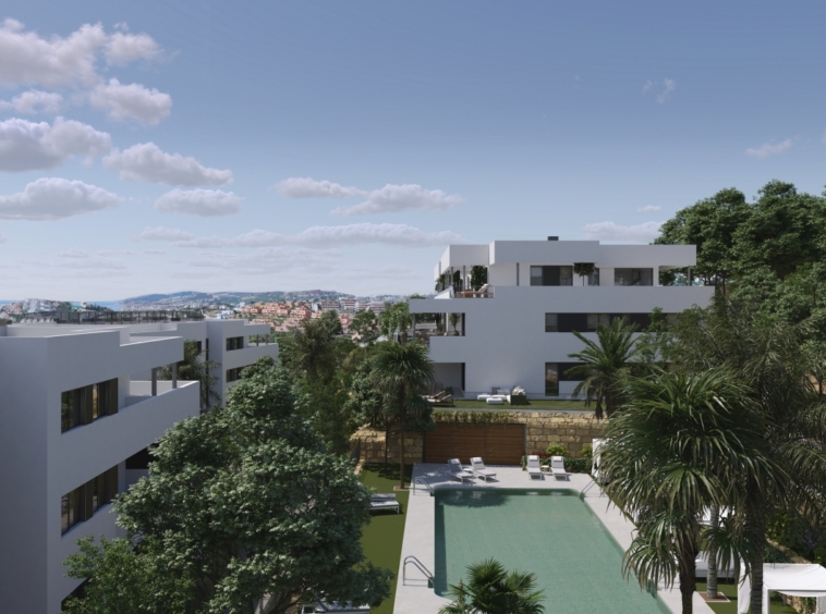 Illustrative aerial view of apartments and shared grounds