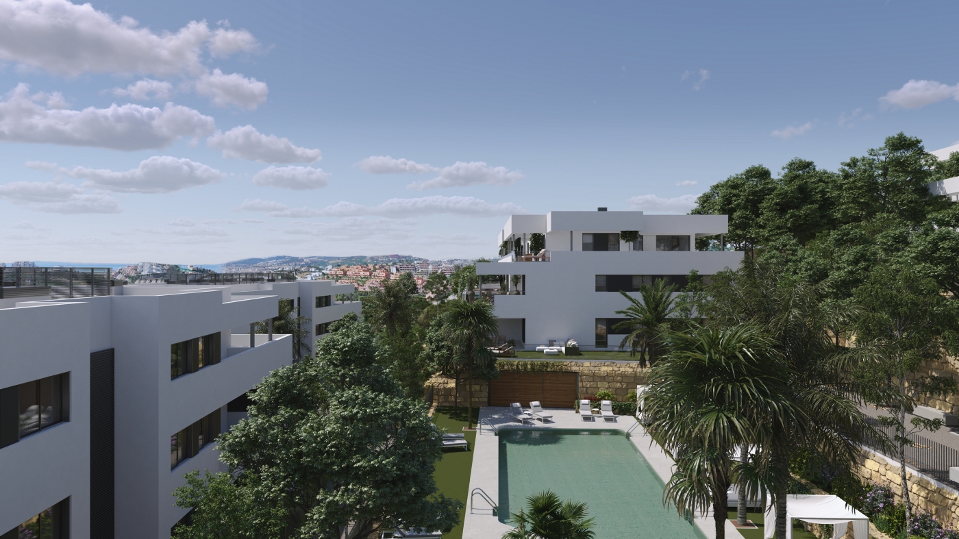 Illustrative aerial view of apartments and shared grounds
