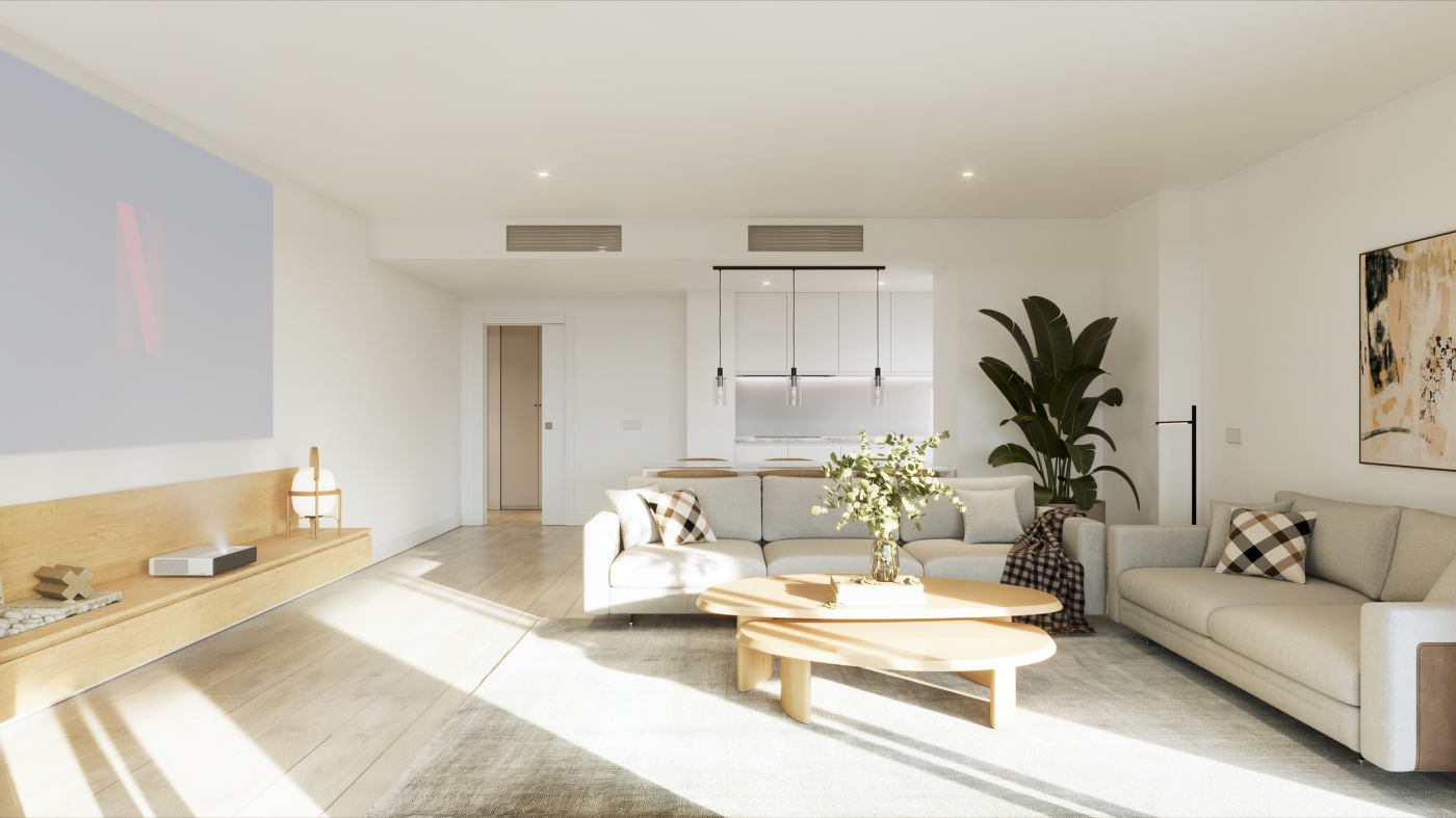 Illustrative open living room and kitchen