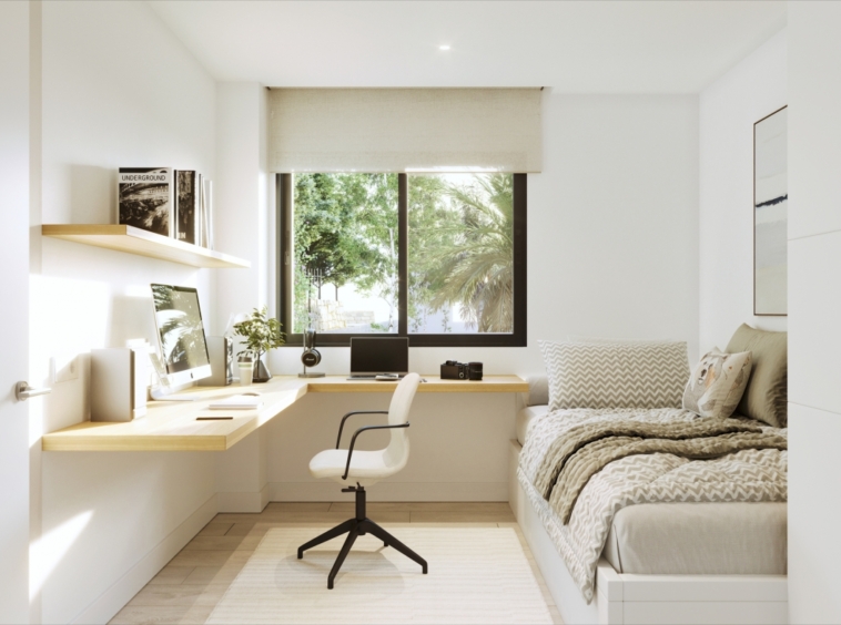 Illustrative second bedroom and study area