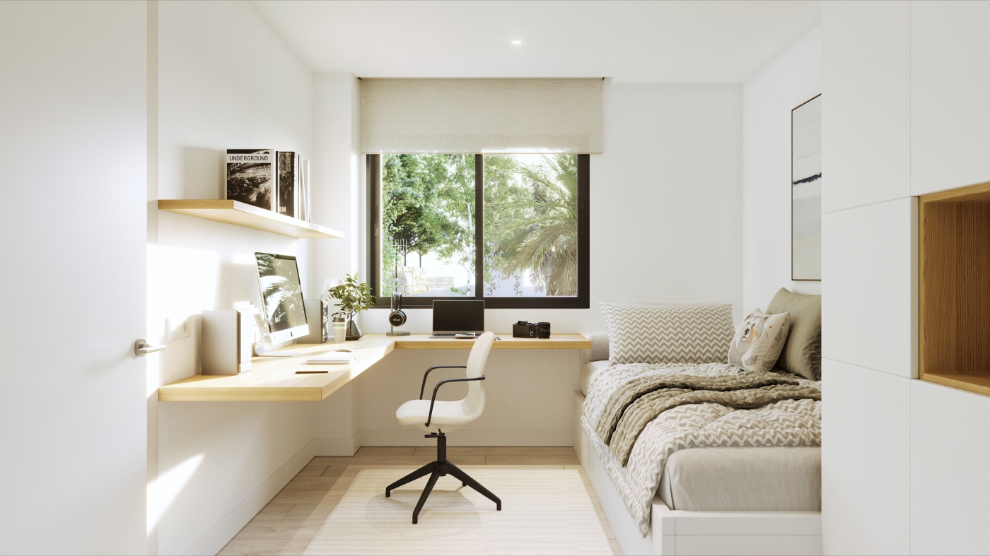 Illustrative second bedroom and study area