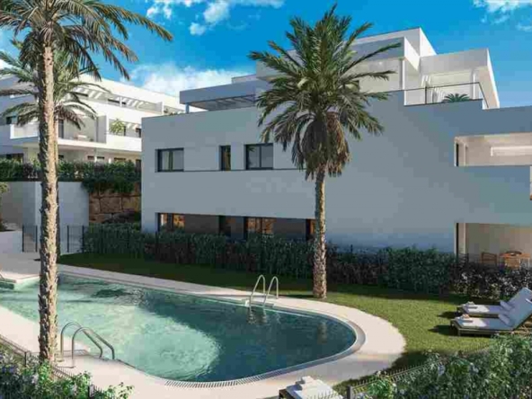 Illustrative communal pool beside residential buildings
