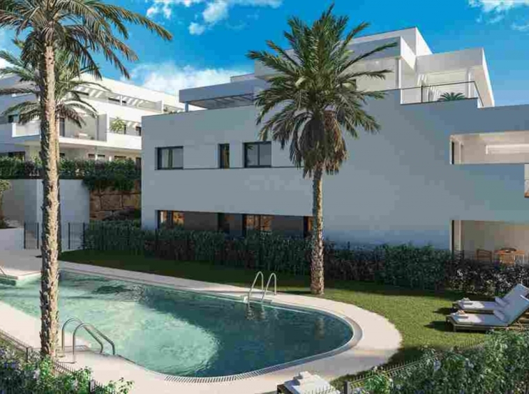 Illustrative communal pool beside residential buildings