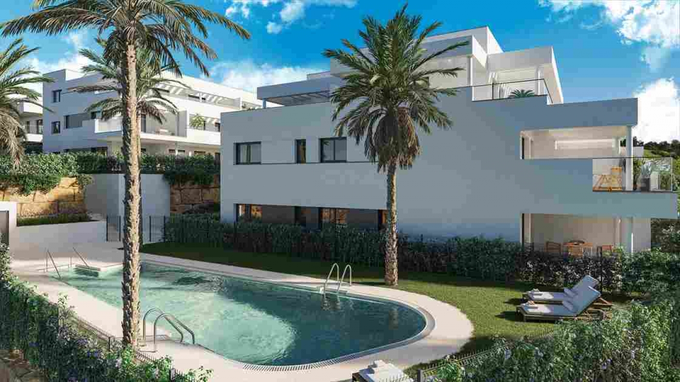 Illustrative communal pool beside residential buildings